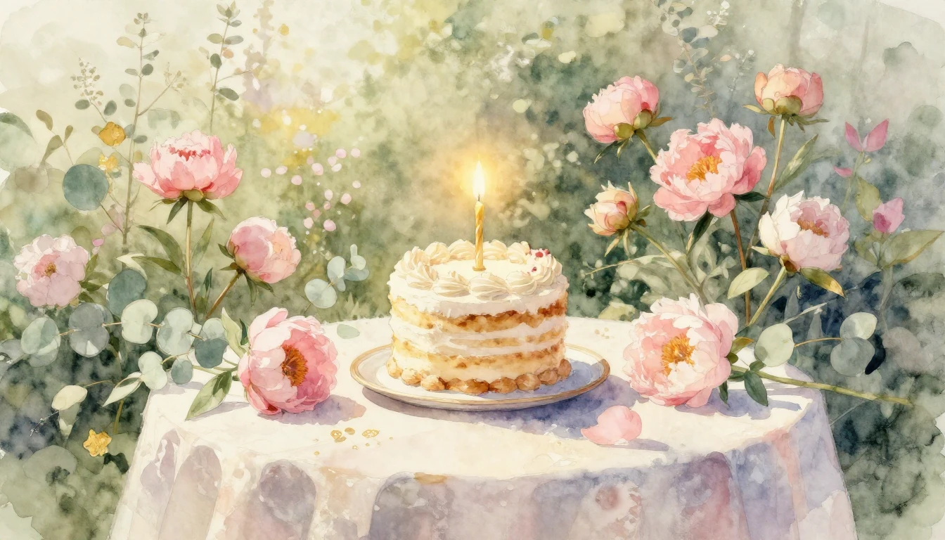 A beautiful, soft watercolor painting of a sunlit garden tab...