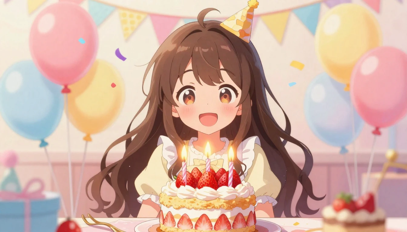 A vibrant and cheerful birthday celebration scene, anime sty...