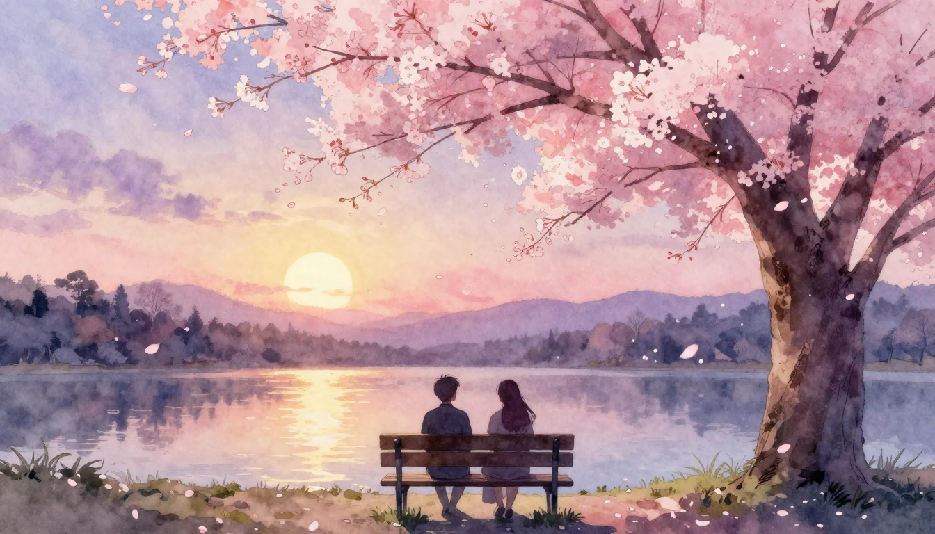 A dreamy watercolor painting of two silhouettes sitting on a...
