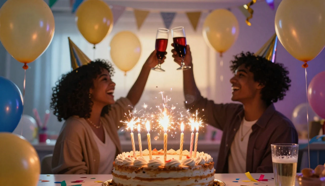 A vibrant and colorful birthday celebration scene. A delicio...