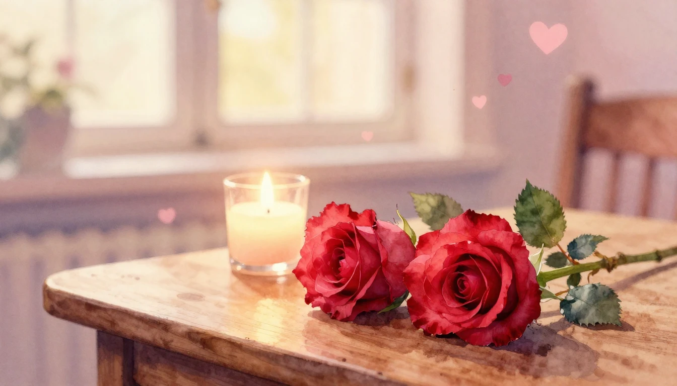 A beautiful watercolor painting of two delicate red roses re...