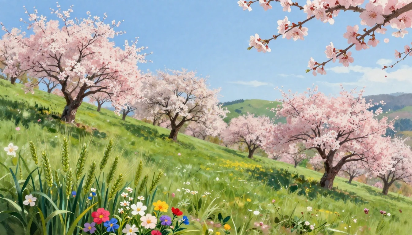 A breathtaking landscape of blooming almond and cherry trees...
