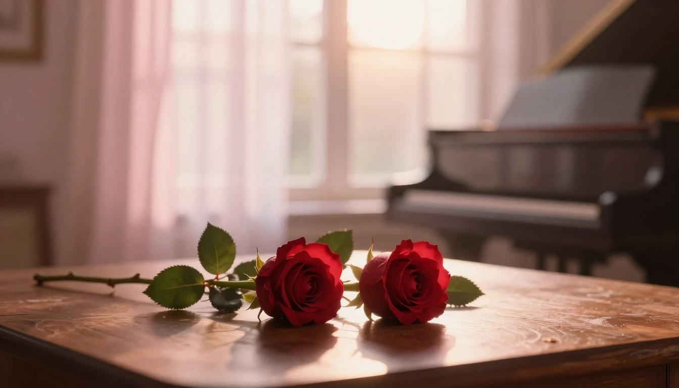 A dreamy and ethereal scene featuring two delicate red roses...