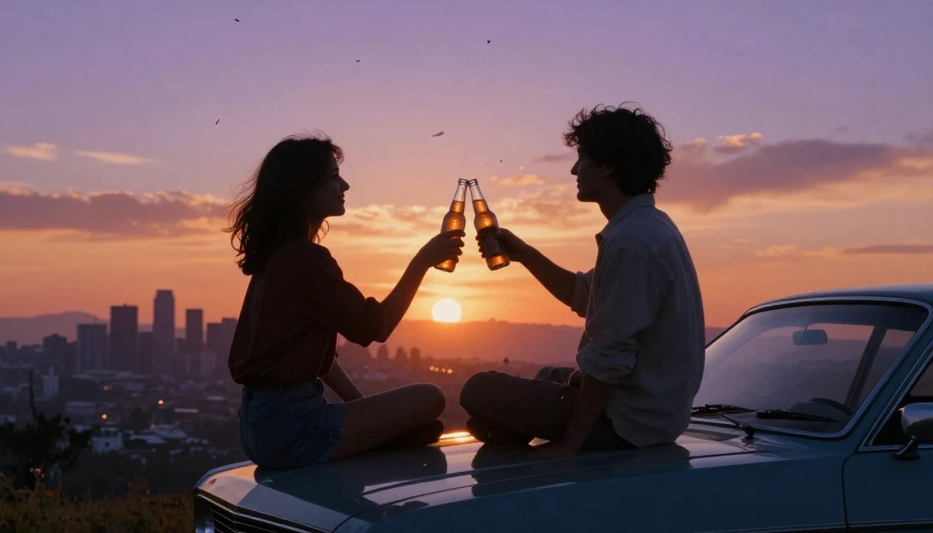 A cinematic digital art scene of two best friends sitting on...