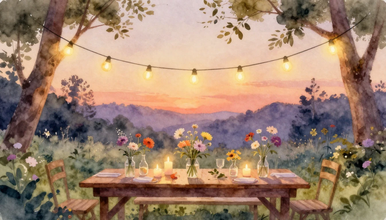 A soft watercolor painting of a cozy outdoor garden party at...