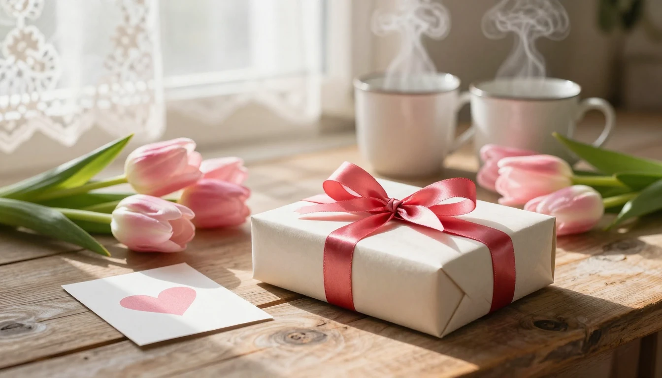 A heartwarming close-up scene of a beautifully wrapped box o...