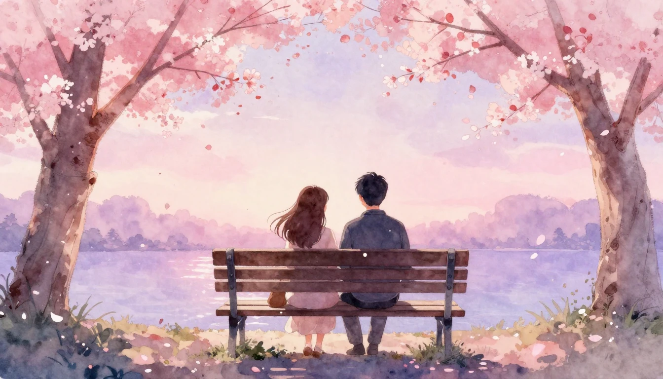 A romantic watercolor painting of a couple sitting on a benc...