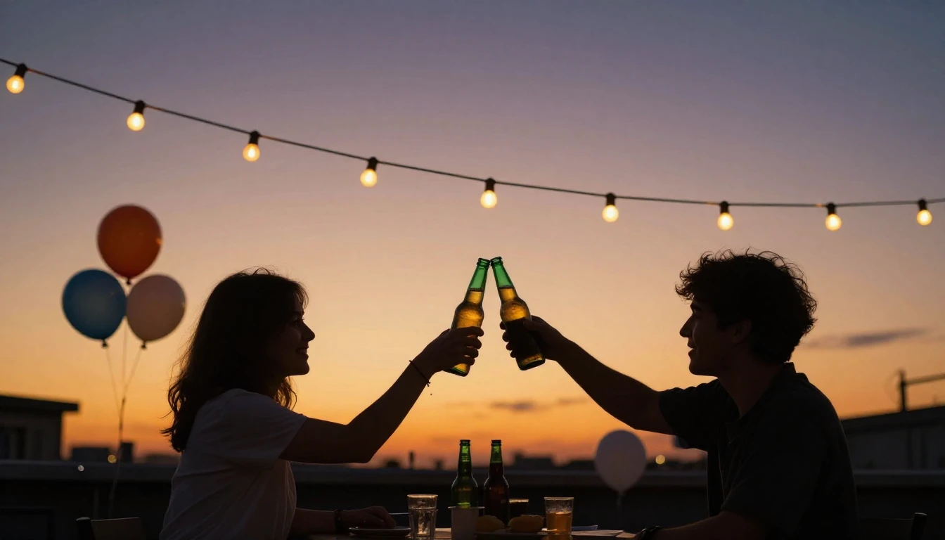 A warm and inviting scene of a rooftop birthday party at sun...