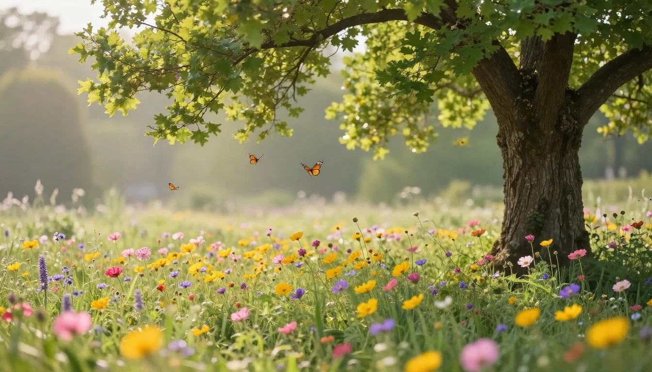 A vibrant meadow filled with blooming wildflowers in shades ...