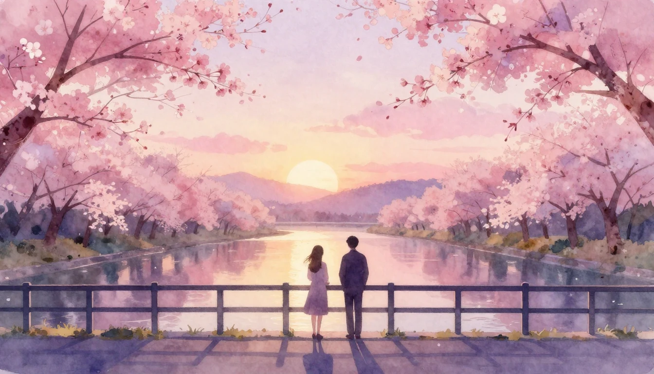 A dreamy and ethereal watercolor painting of two silhouettes...