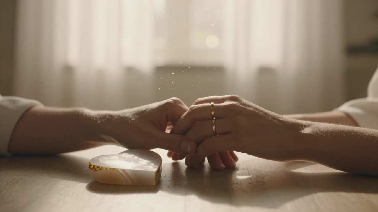 A warm romantic cinematic scene featuring two hands gently i...