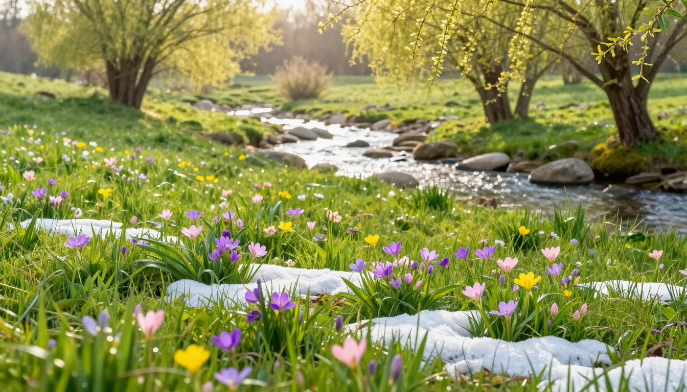 A breathtaking landscape of a lush green meadow awakening in...