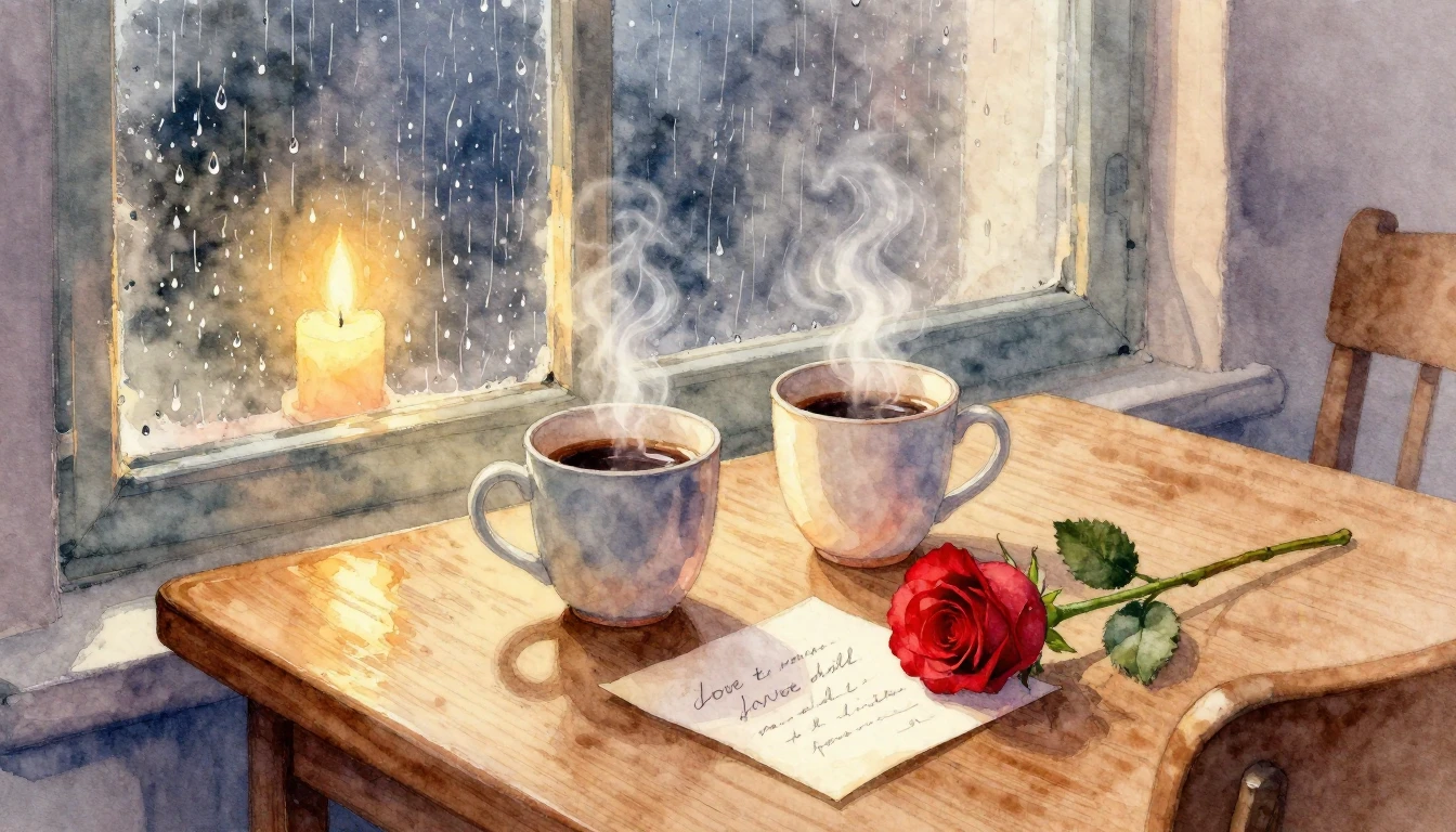 A romantic and cozy scene painted in soft watercolor. A wood...