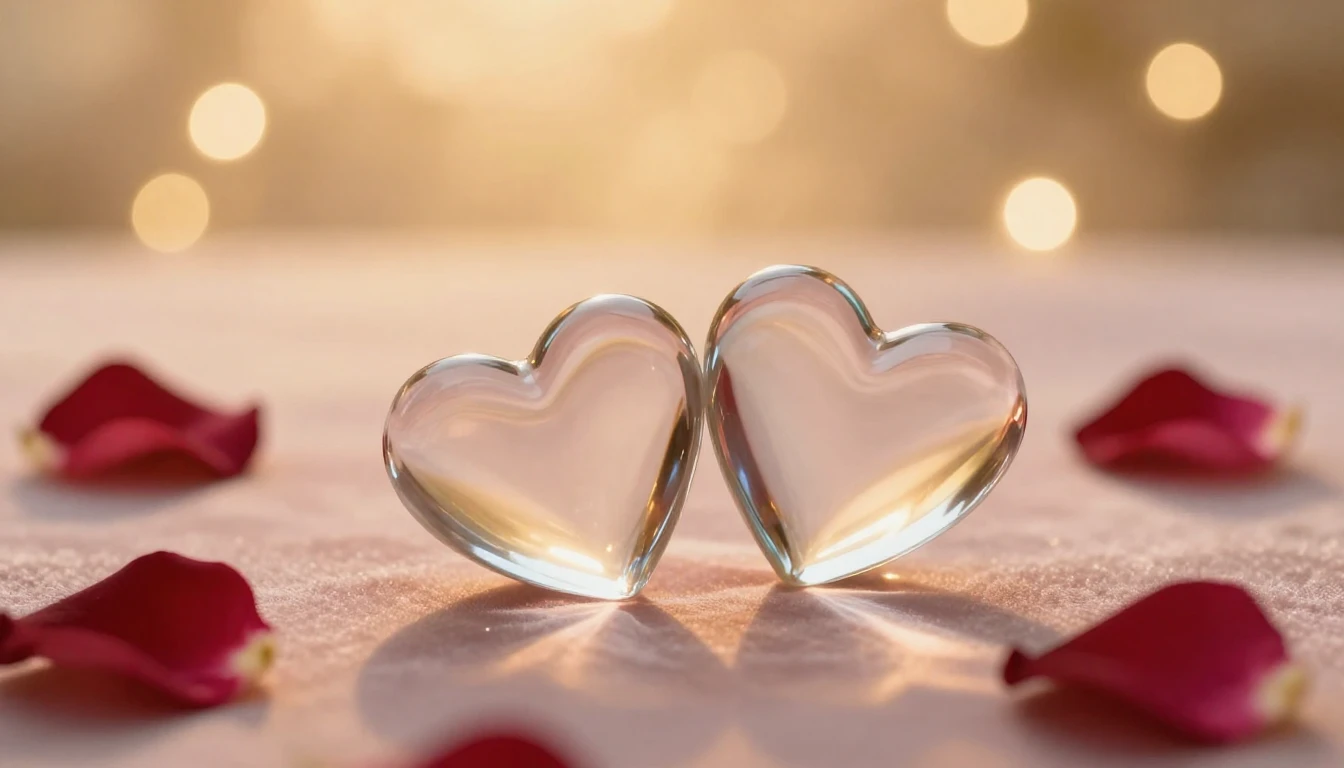 A serene and romantic scene featuring two elegant glass hear...