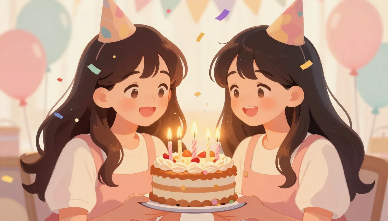 A heartwarming illustration of a birthday celebration, two c...