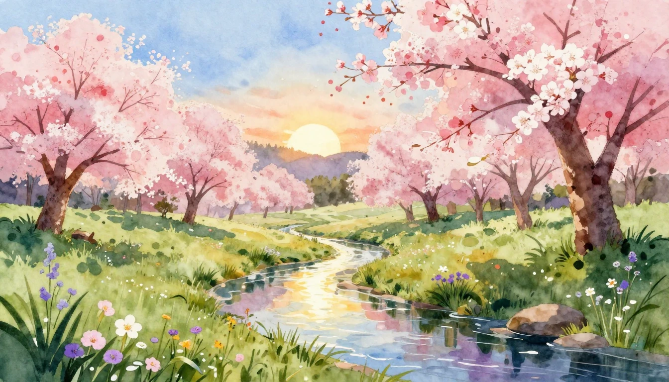 A breathtaking watercolor illustration of a vibrant spring l...