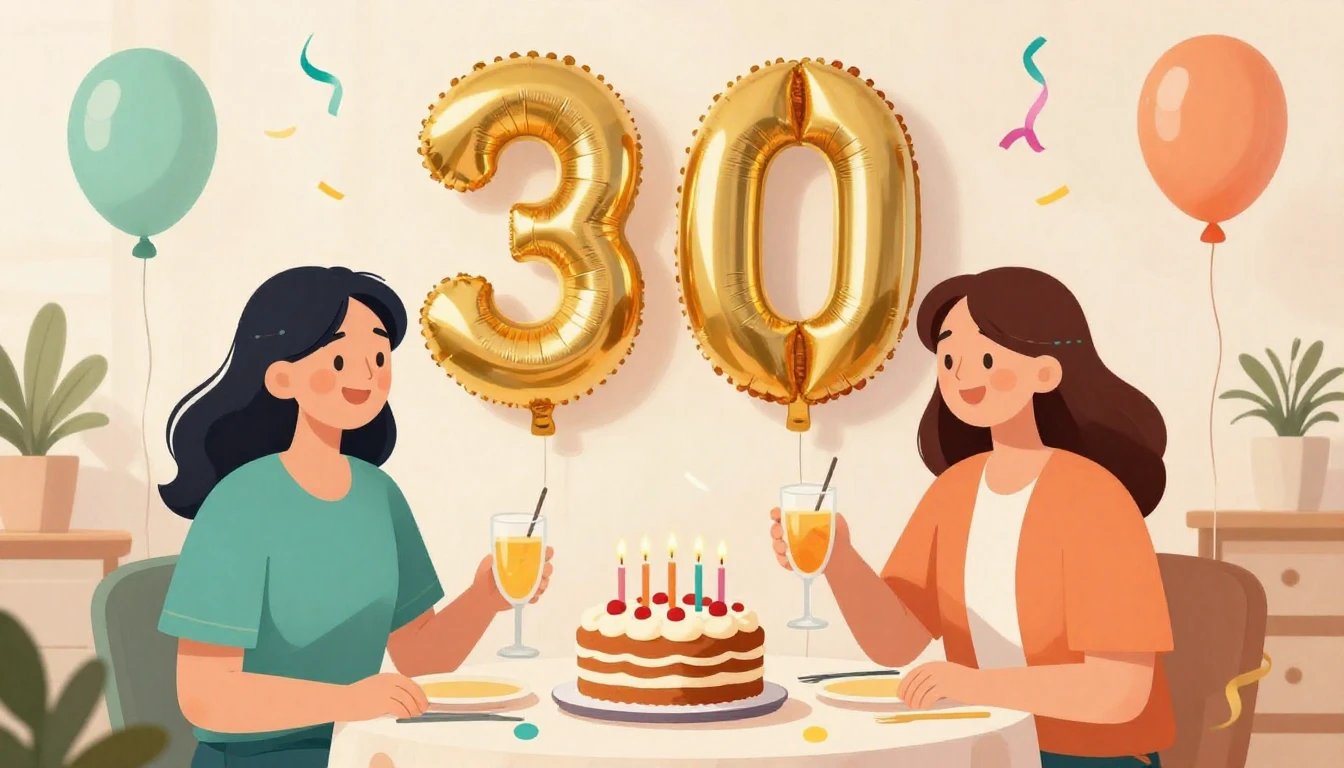 A warm and festive illustration of a 30th birthday celebrati...