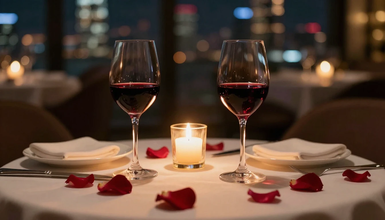 A close-up shot of a beautifully set dinner table for two in...