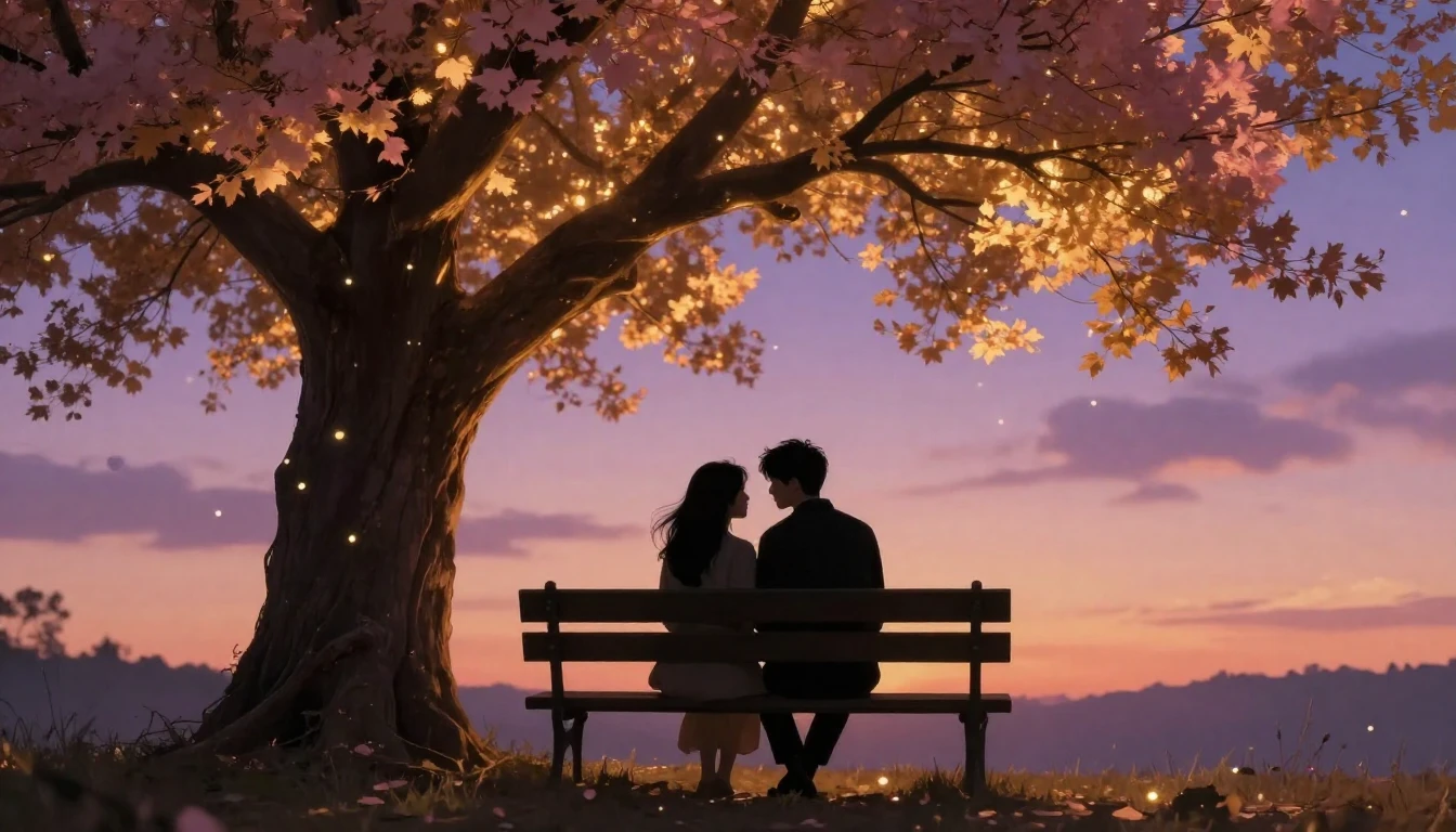 A romantic scene featuring two silhouettes sitting close tog...