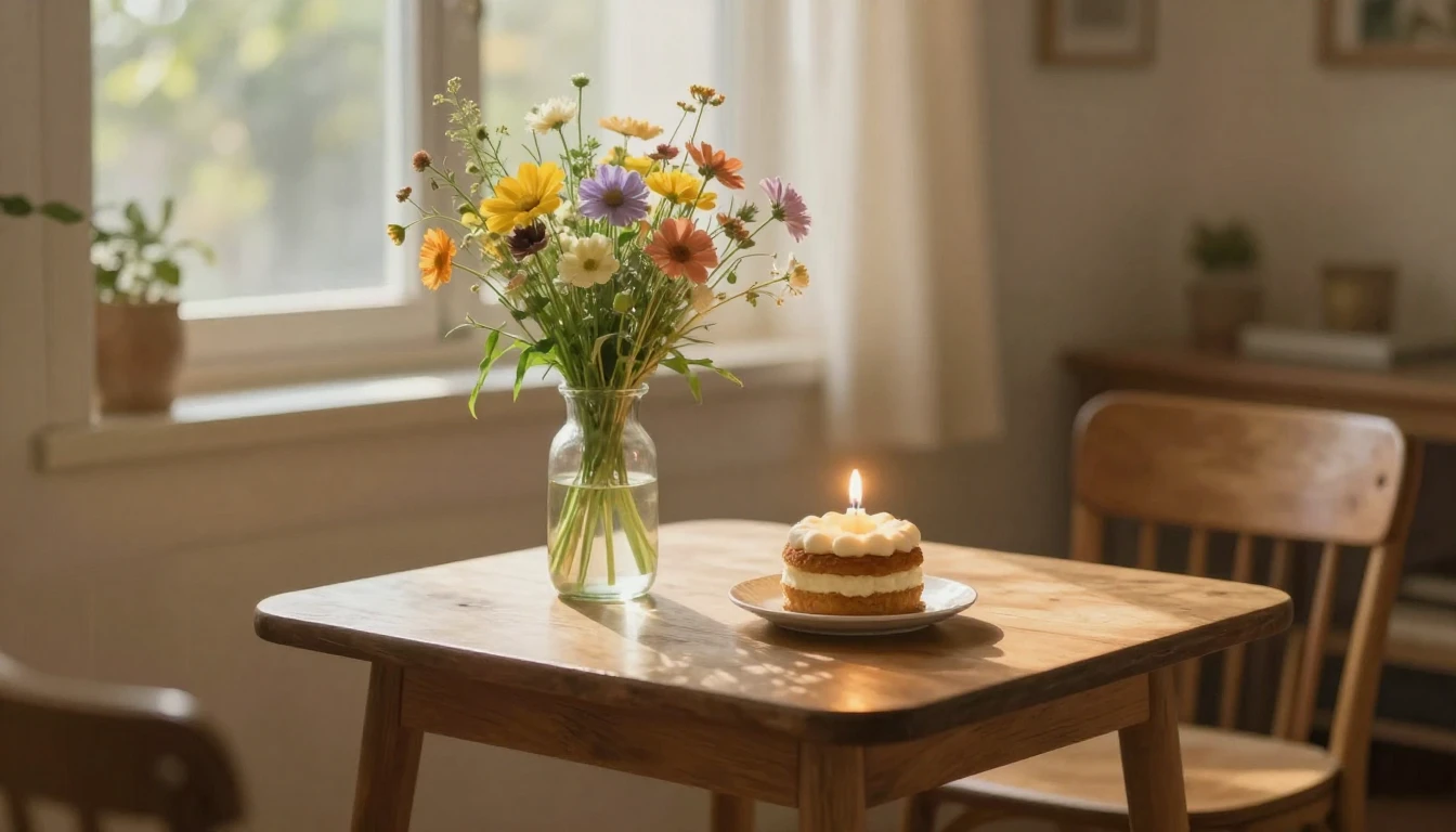 A cozy indoor scene featuring a small wooden table with a si...