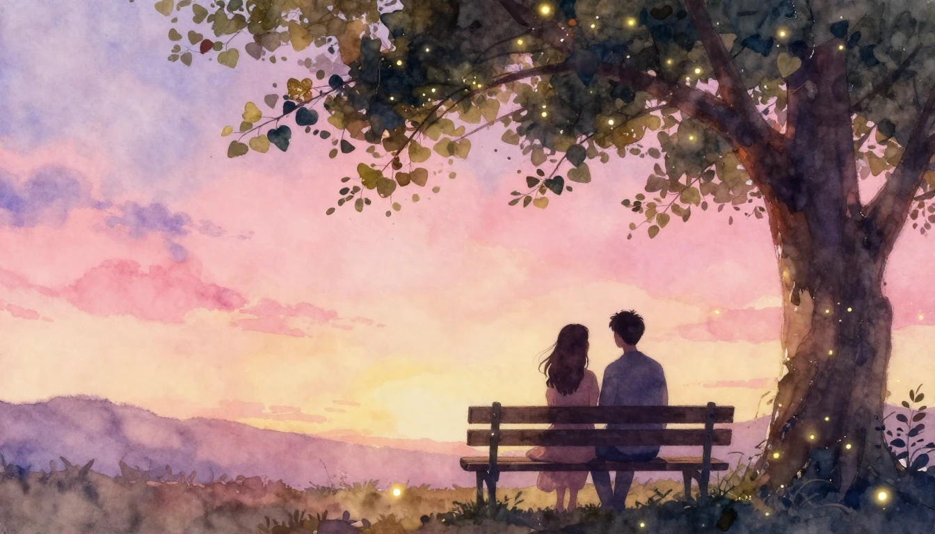 A romantic and dreamy watercolor painting. Two silhouettes o...