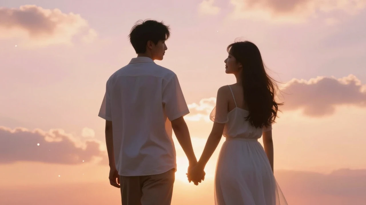 A romantic and tender scene with a soft golden hour glow. A ...