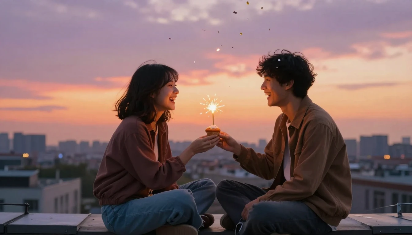 Two best friends sitting side by side on a rooftop at golden...