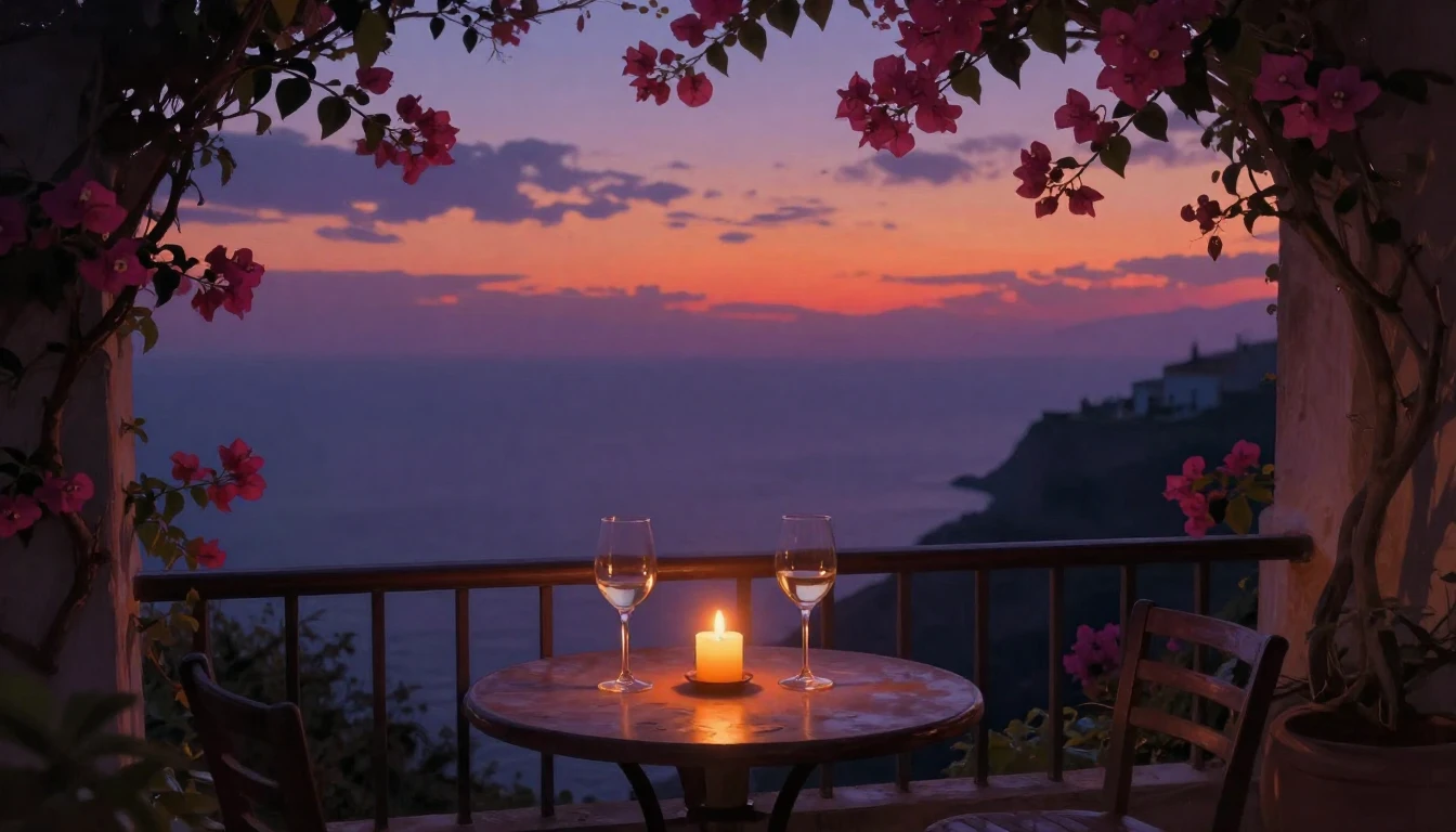 A cozy, dimly lit balcony overlooking a Mediterranean coastl...