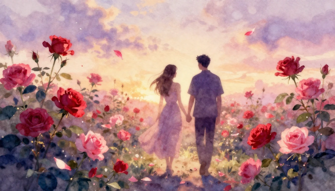 A delicate watercolor painting of two silhouettes walking th...