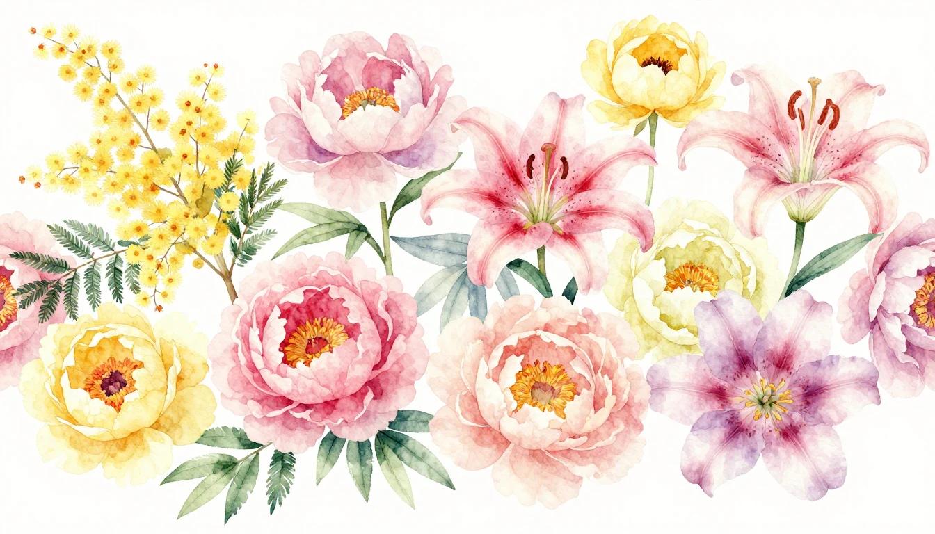 A delicate and vibrant watercolor painting featuring a varie...