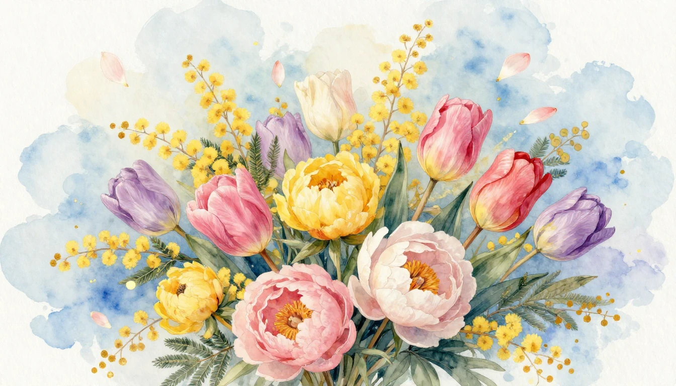 A delicate watercolor painting featuring a lush bouquet of m...