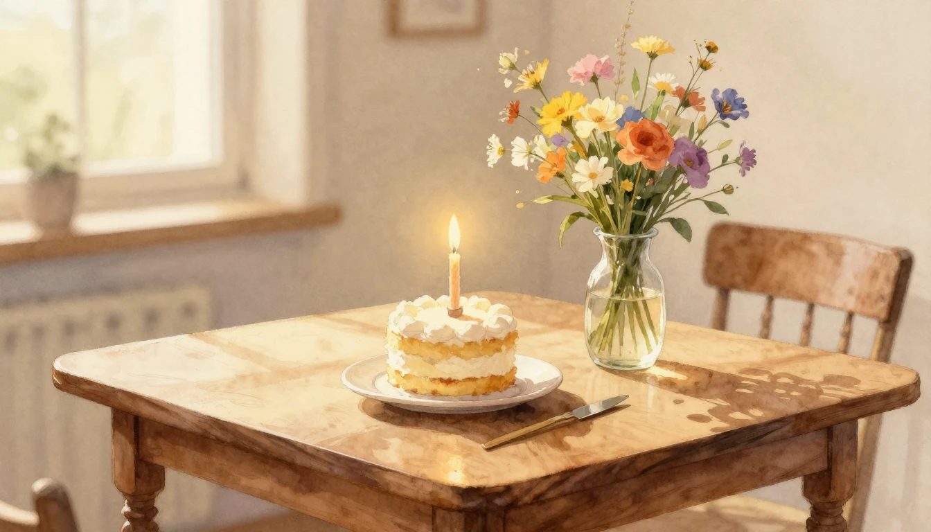 A beautiful watercolor painting of a cozy wooden table bathe...