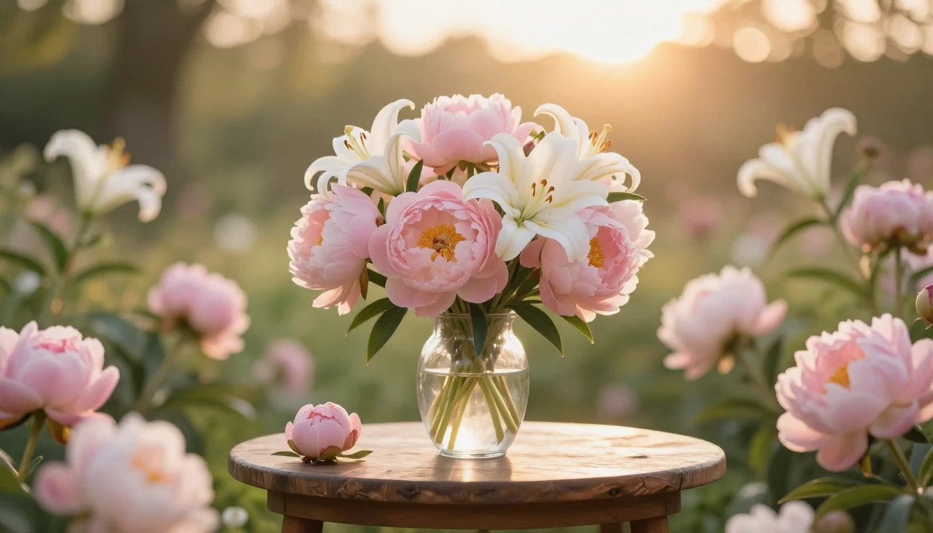 A beautiful and serene scene featuring a blooming garden fil...