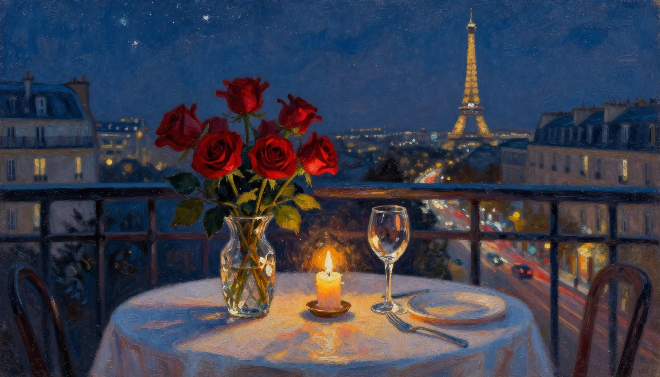 An impressionist oil painting of a candlelit dinner table se...