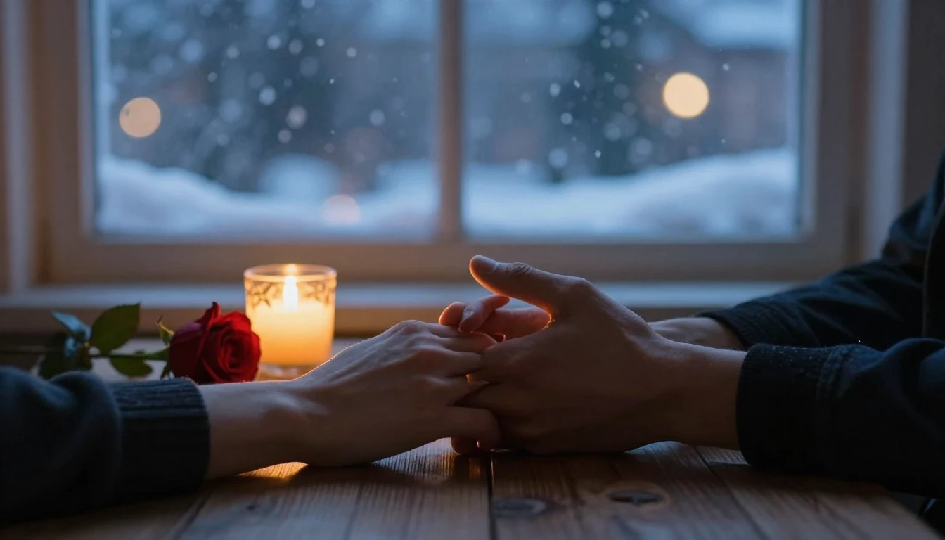 A romantic close-up scene at twilight. Two hands holding eac...