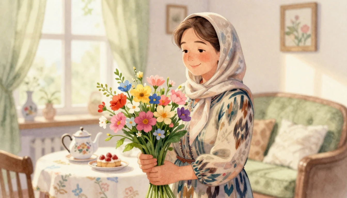 A heartwarming watercolor illustration of a kind, middle-age...