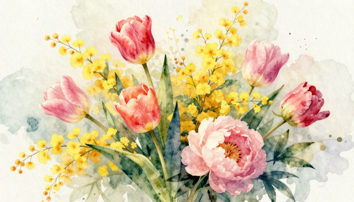 A beautiful and vibrant watercolor painting of a lush bouque...