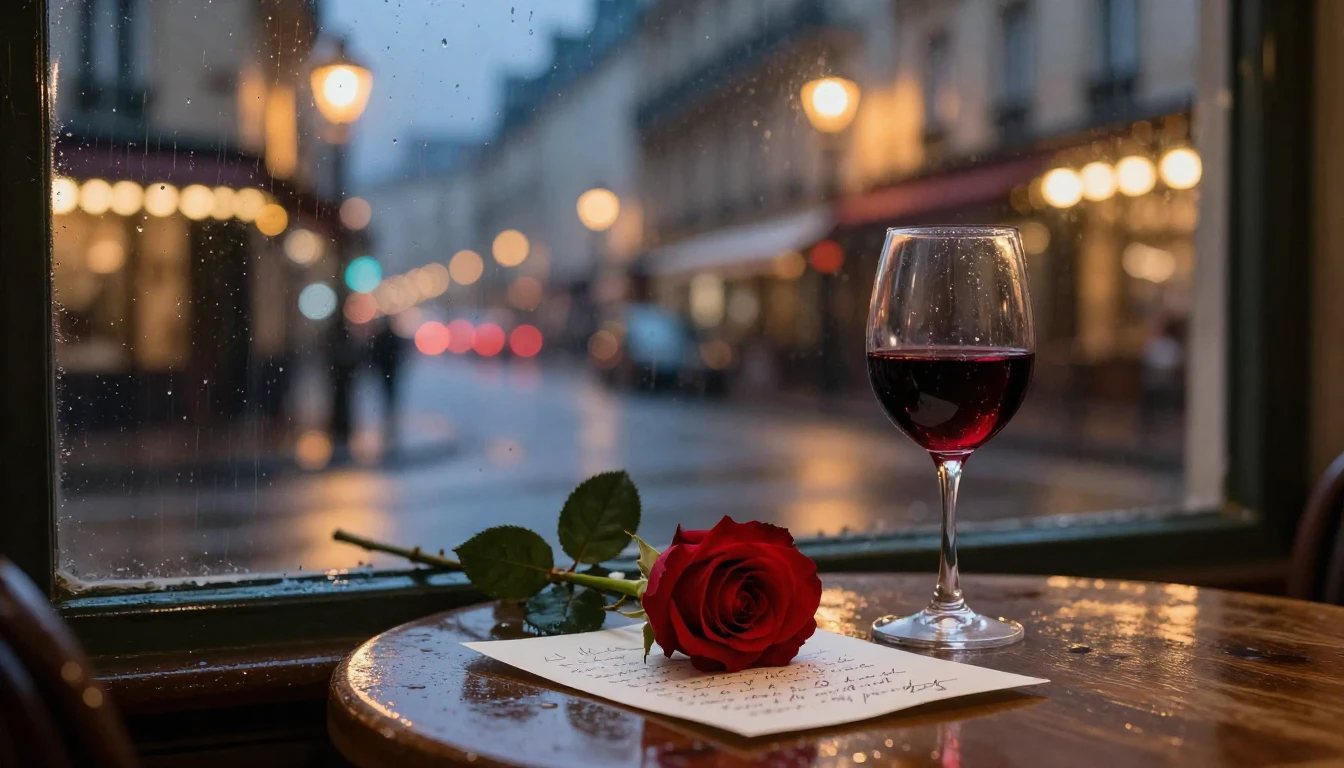 A romantic scene in a rainy Parisian street at night, viewed...