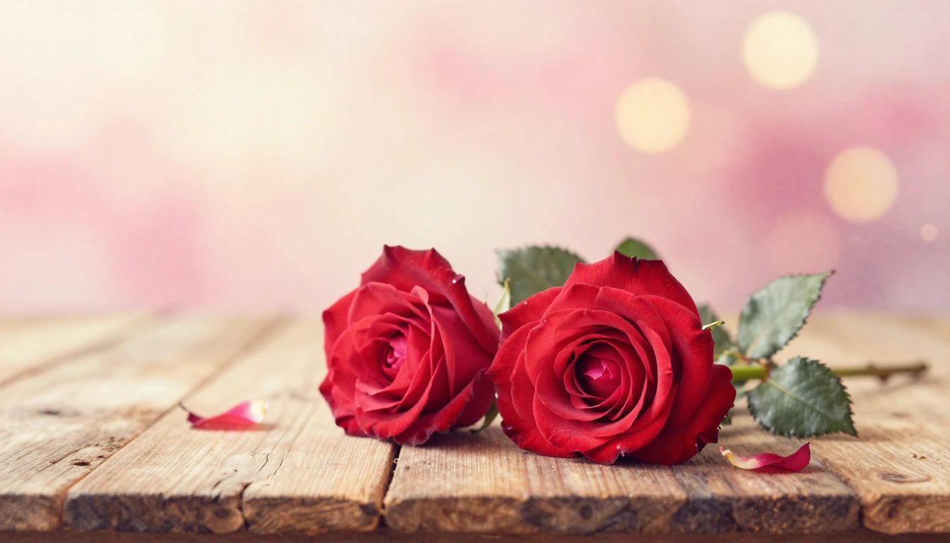 A soft watercolor painting of two delicate red roses intertw...