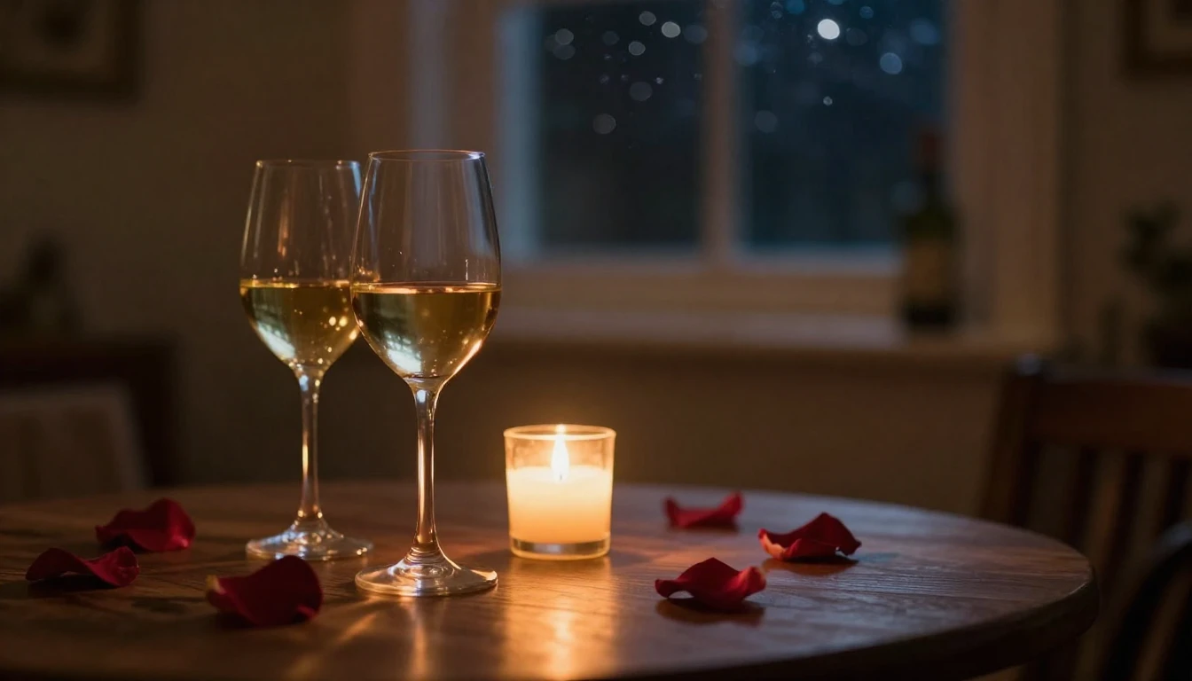 A cozy, dimly lit room during a quiet evening. On a wooden t...