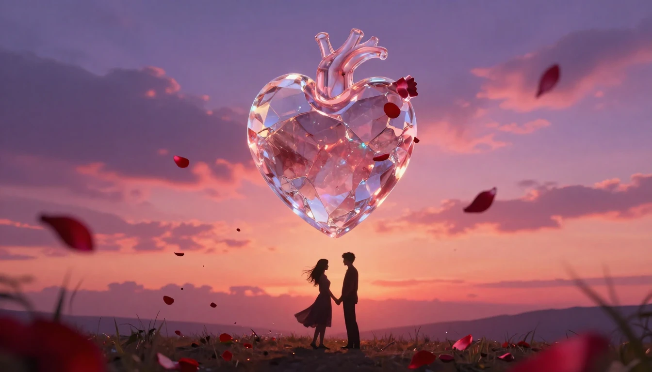 A cinematic shot of a glowing, translucent crystal heart sus...