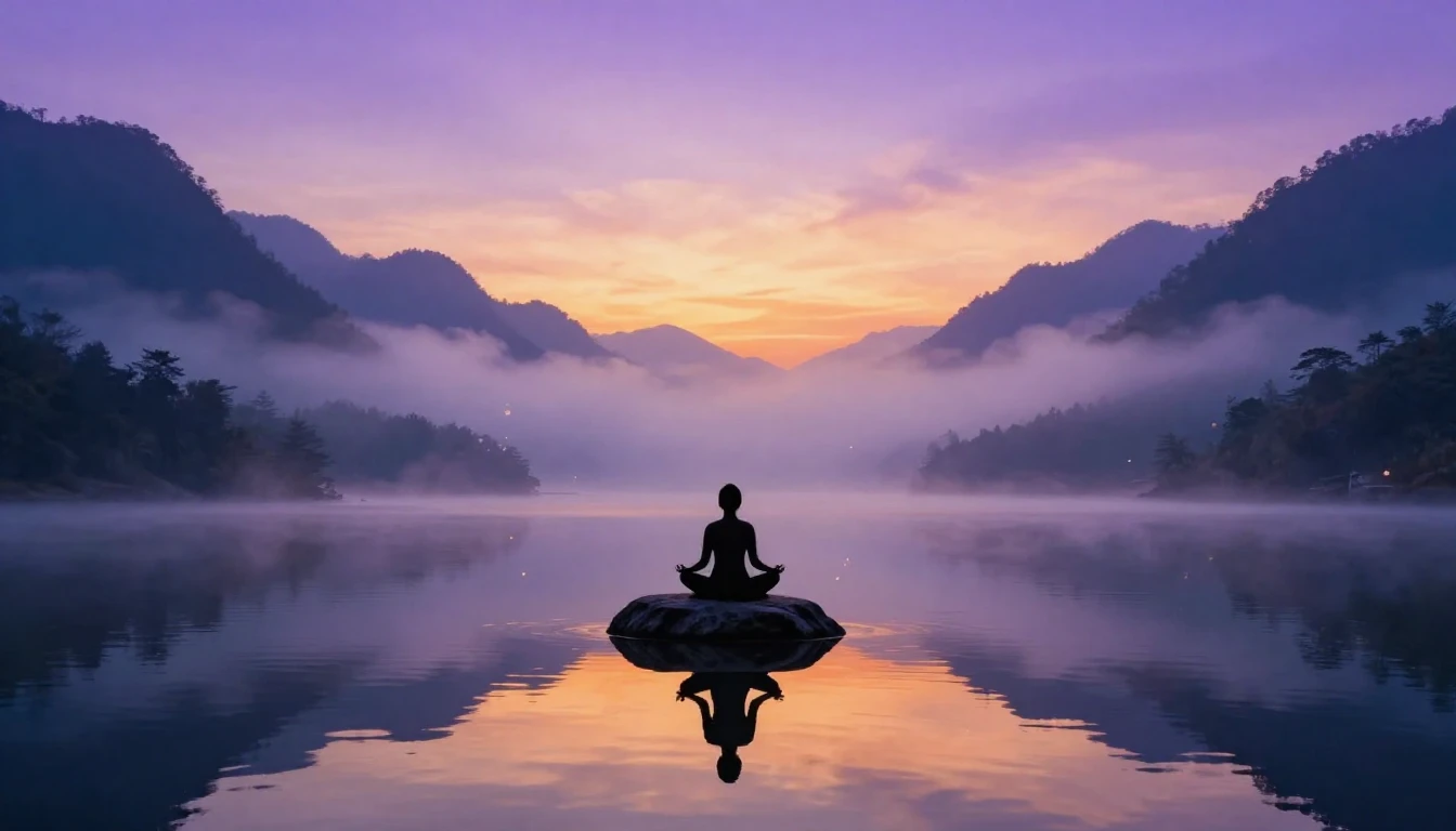 A breathtaking landscape of a tranquil mountain lake at dawn...