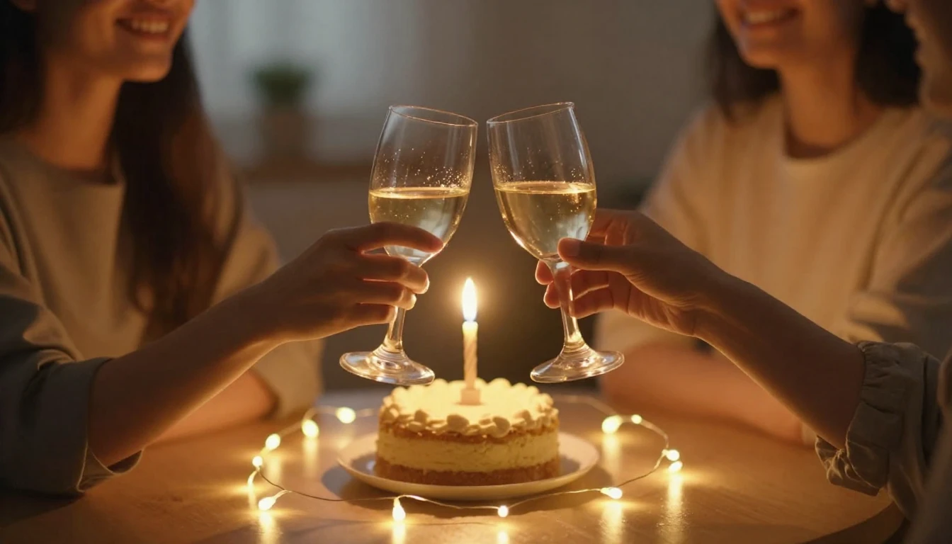 A warm and inviting scene showing two glasses clinking in a ...