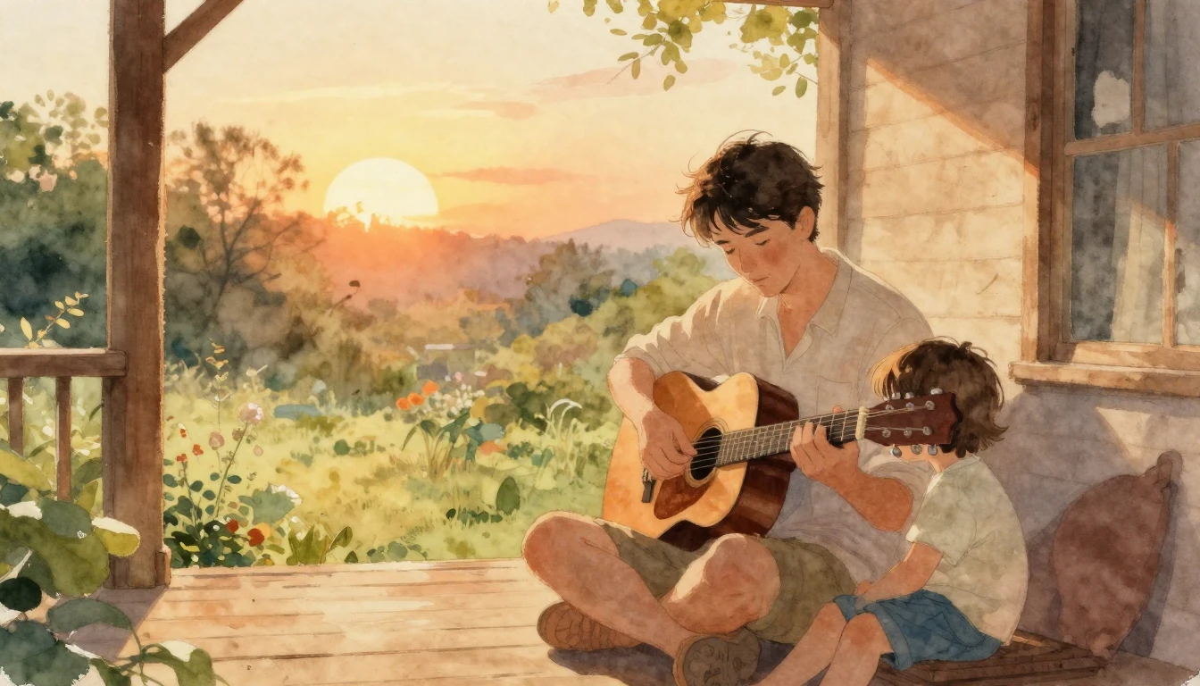 A heartwarming scene of a father and a small child sitting o...