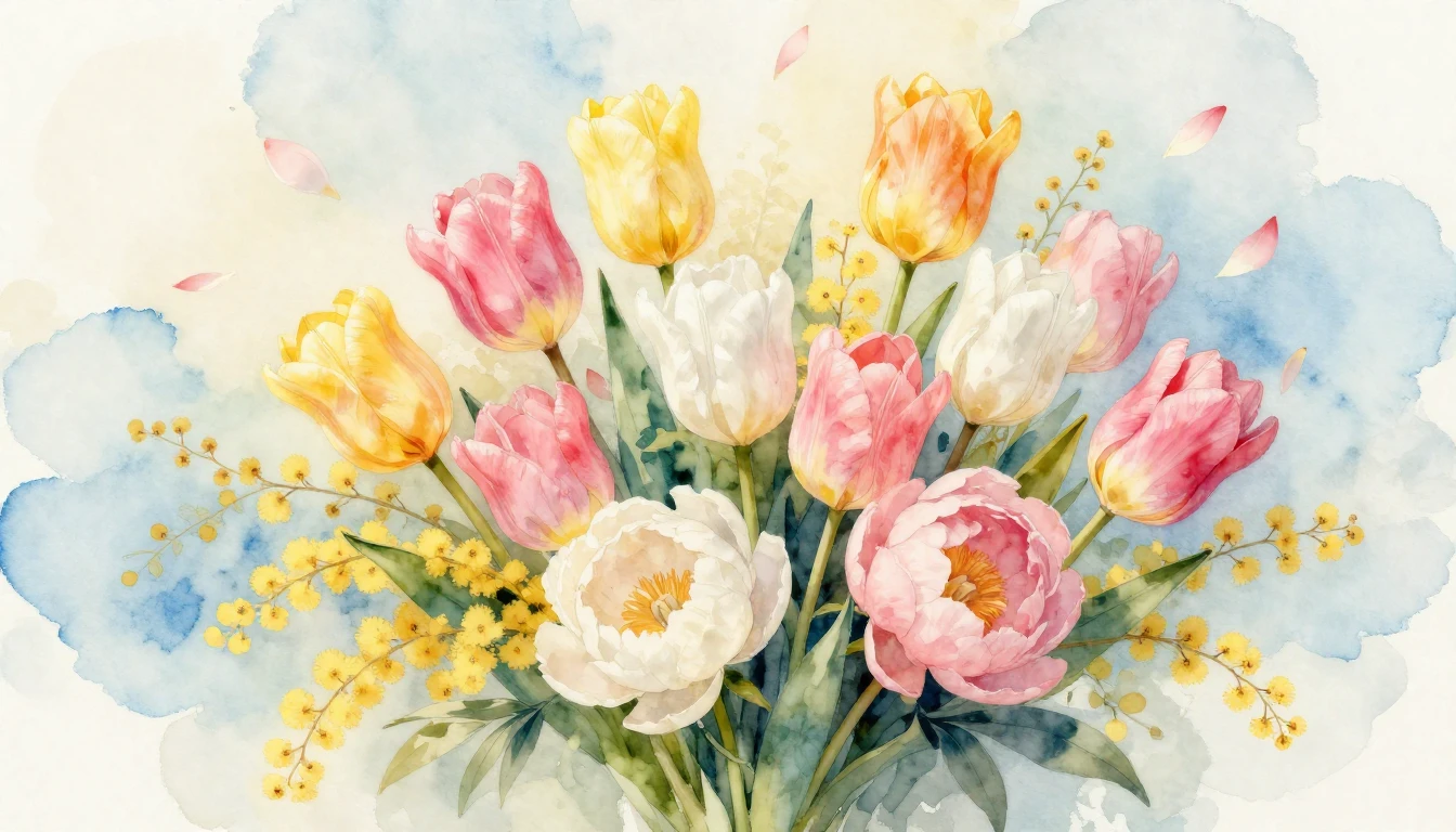 A beautiful watercolor painting of a lush spring bouquet fea...