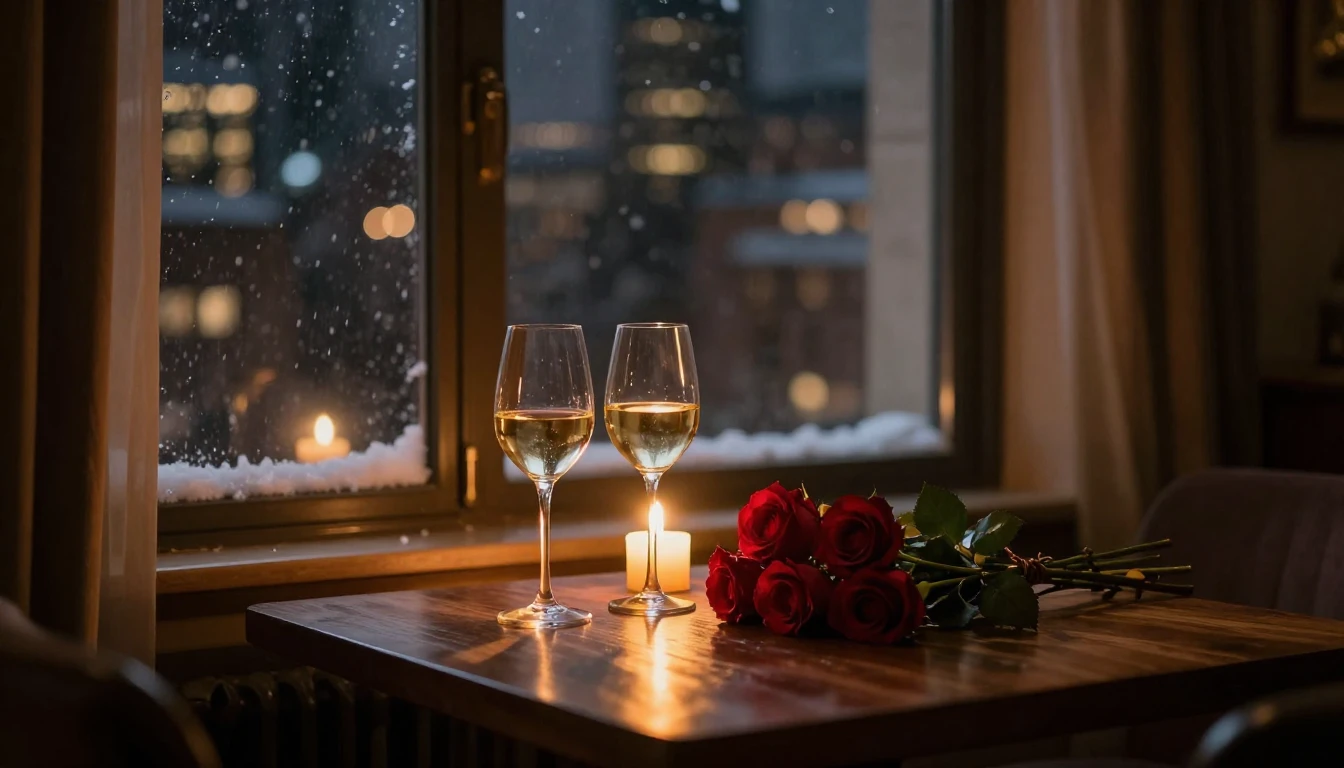 A cozy, dimly lit room with a large window overlooking a cit...