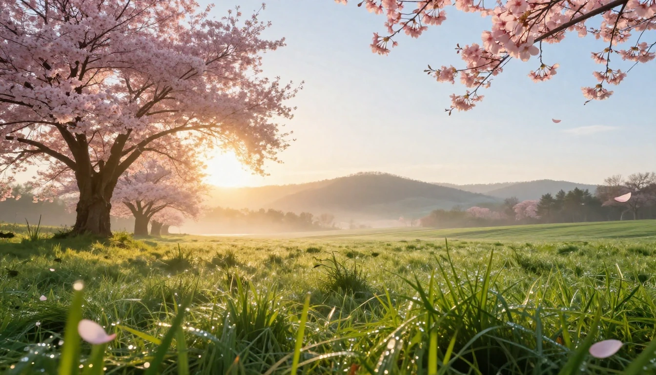 A breathtaking cinematic view of a lush meadow at sunrise. S...