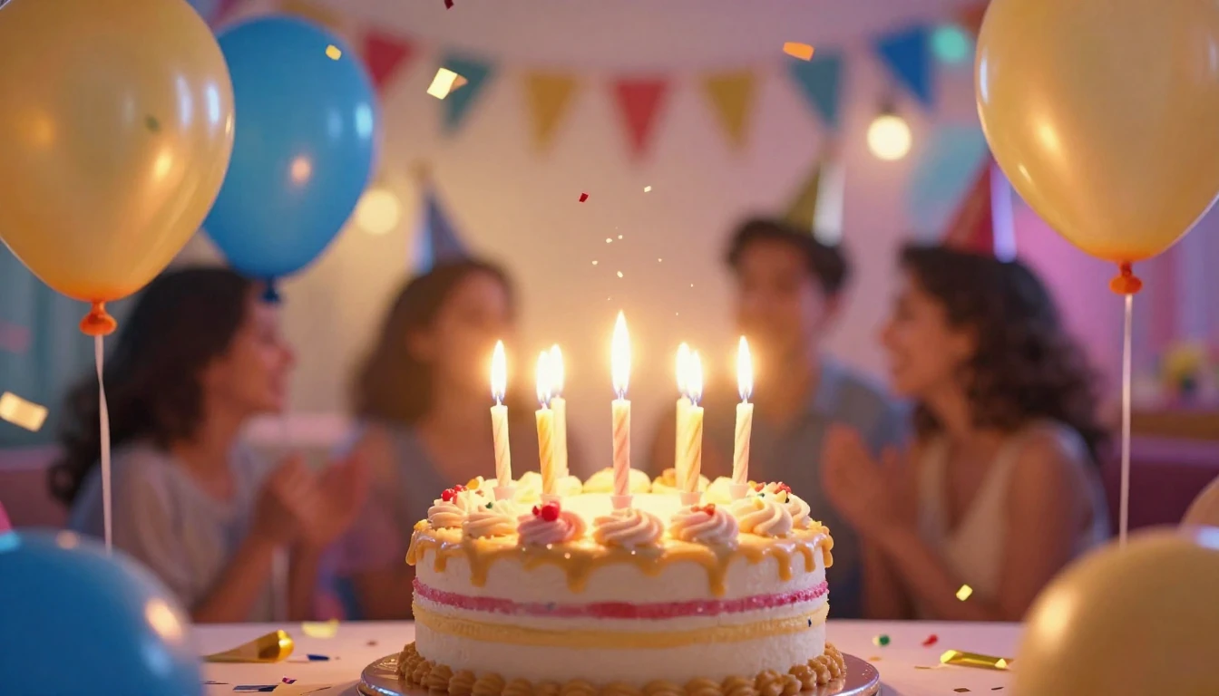 A vibrant and festive birthday scene featuring a bright, del...