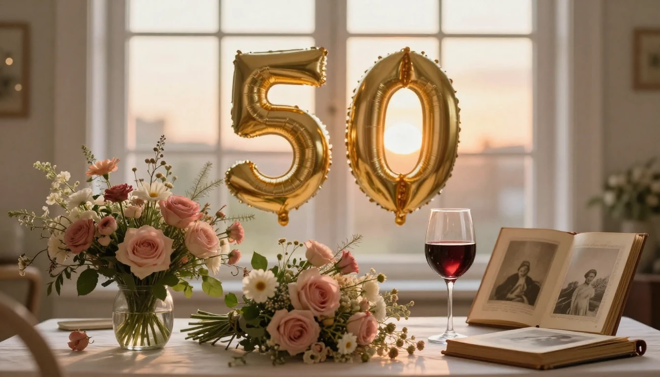 A warm and elegant birthday celebration scene, focusing on a...