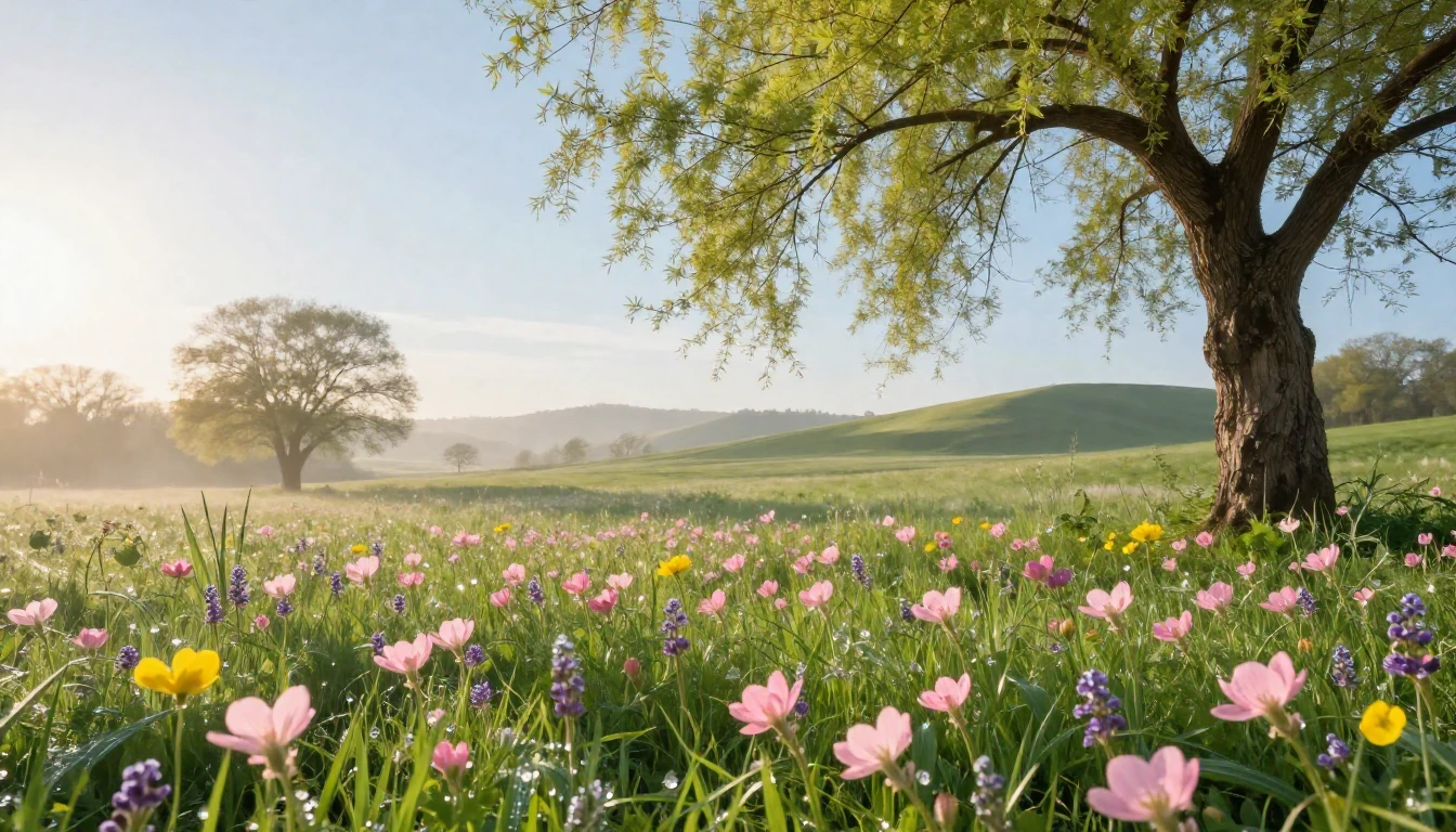 A serene spring landscape featuring a lush green meadow fill...